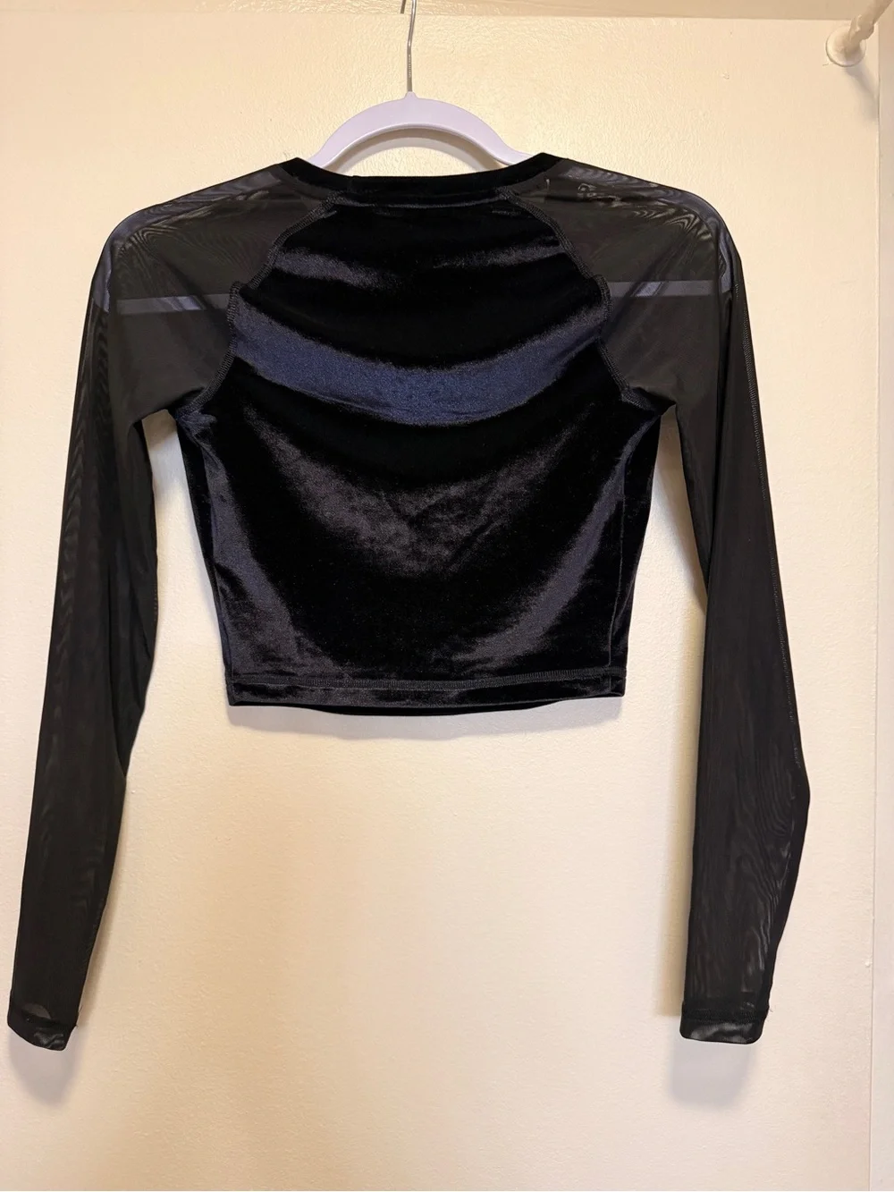 Puma Black Velvet Long-Sleeve Crop Top with Mesh Sleeves